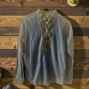 C.Wonder denim jeans tunic shirt beaded button down XS
